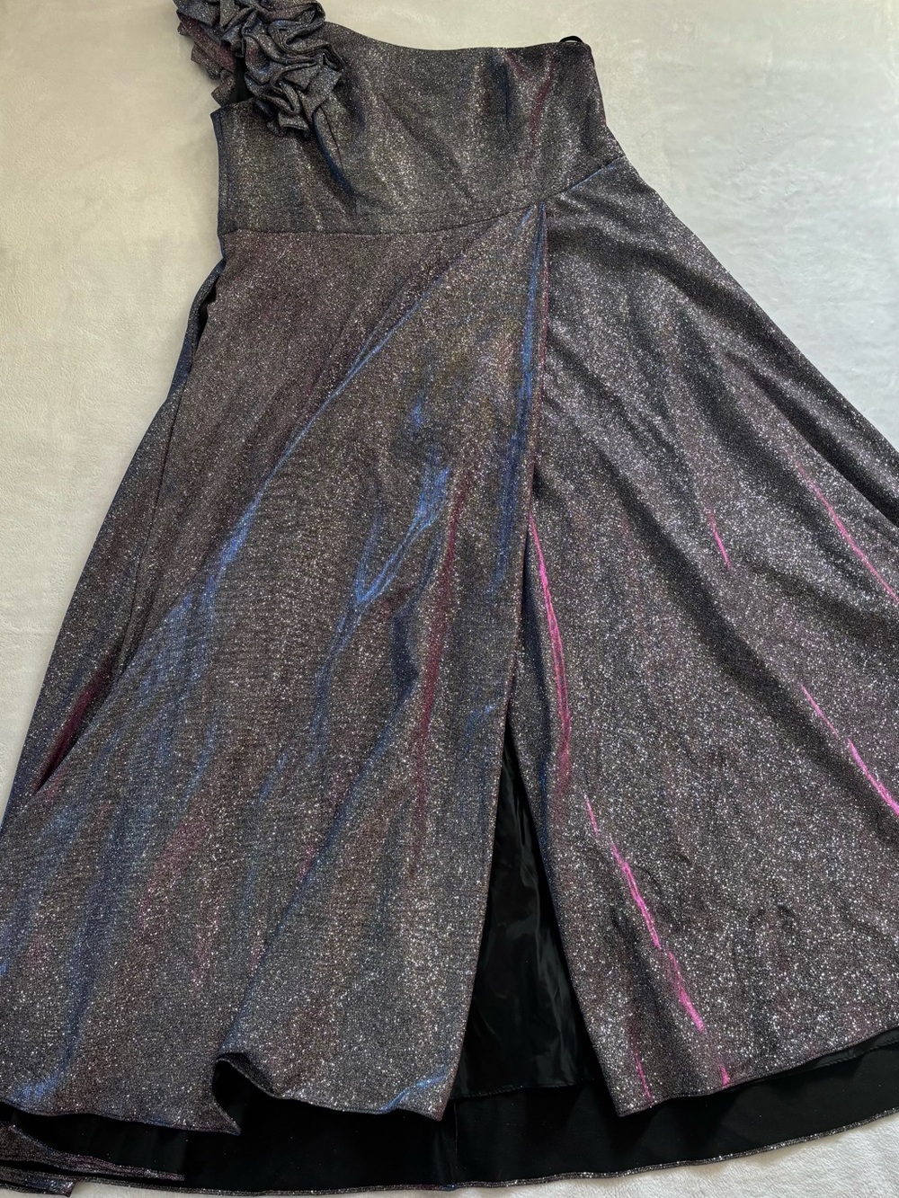 Xscape Girls One-Shoulder Sparkle Dress in Black with Pink & Blue Streaks - Picture 4 of 7